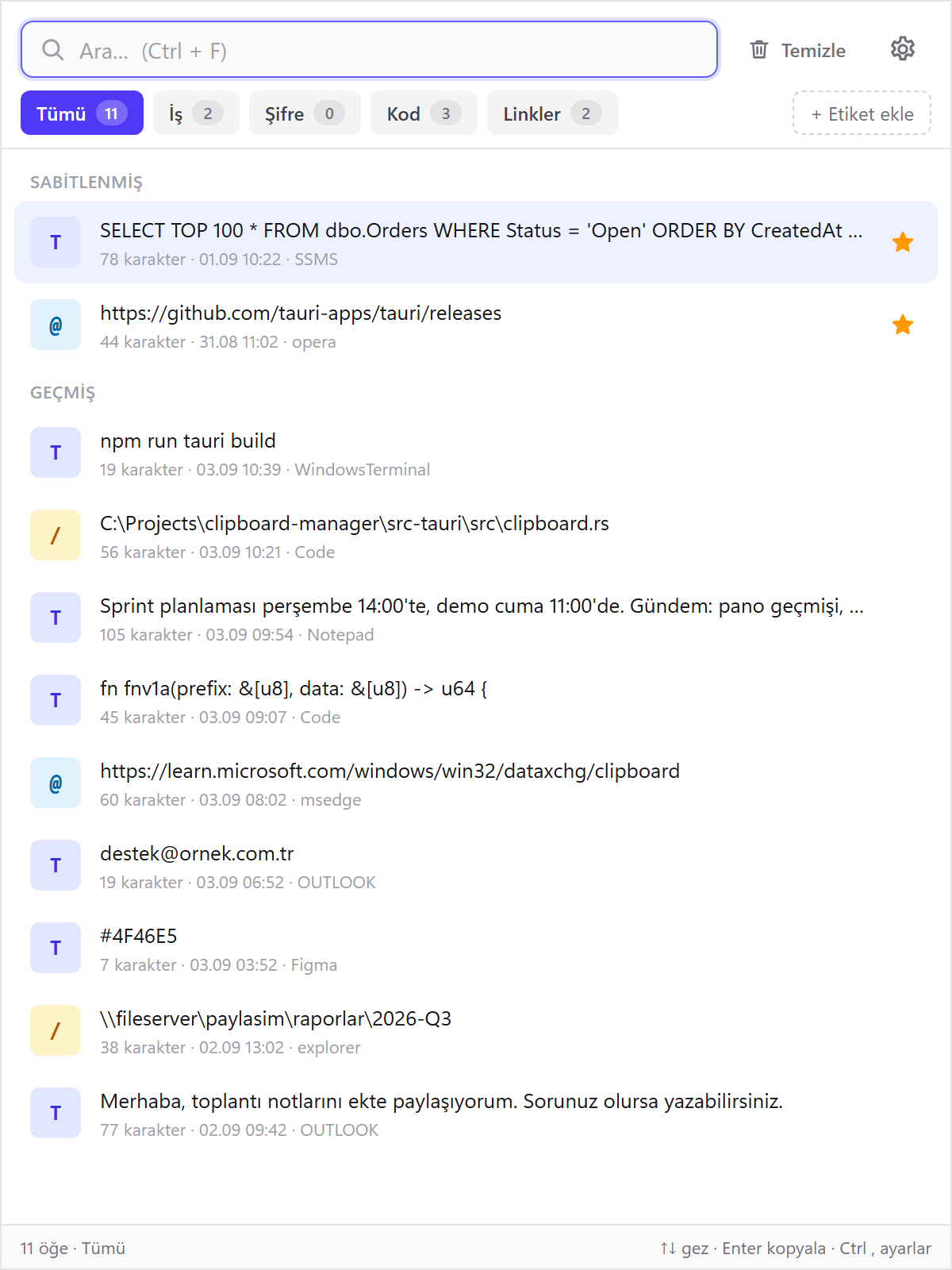 Clipboard Manager ana ekranı: arama çubuğu, etiketler, sabitlenmiş öğeler ve pano geçmişi listesi