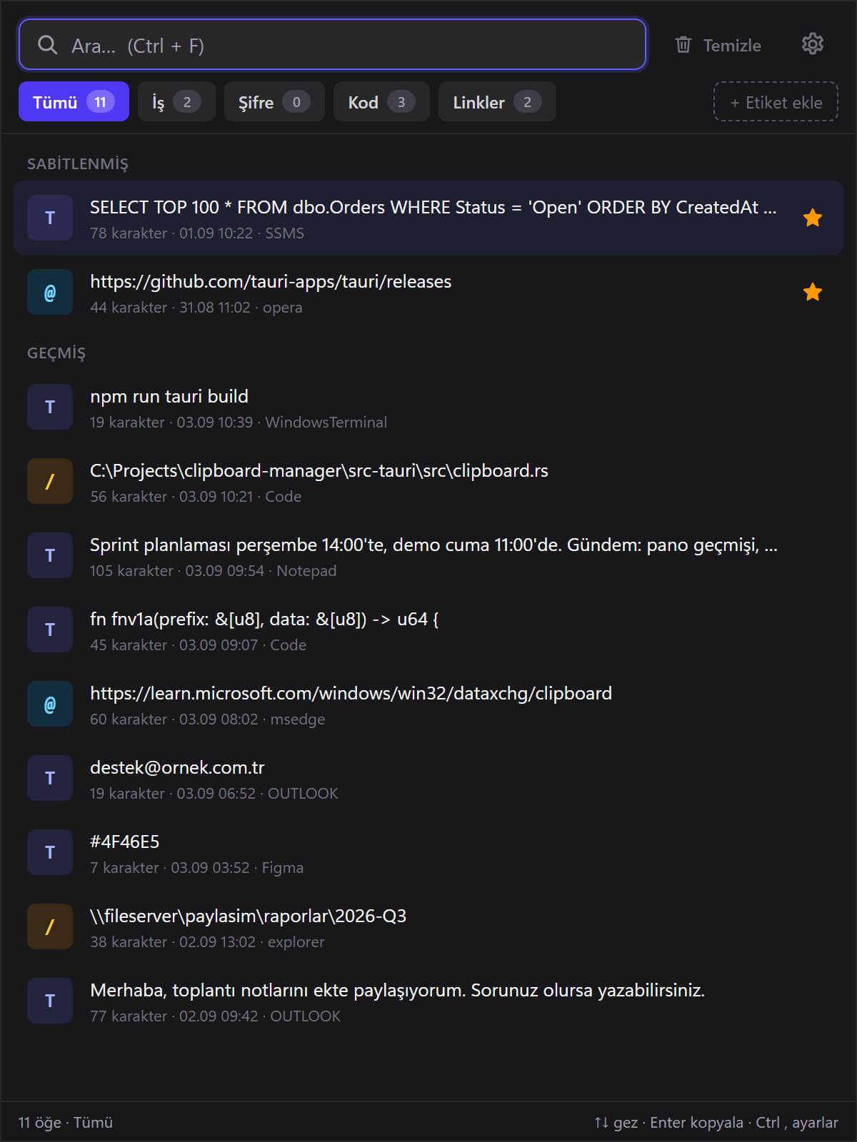 Clipboard Manager ana ekranı, koyu tema